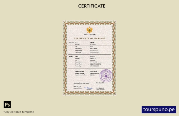 Plantilla PSD de certificado de matrimonio de Montenegro listo para imprimir